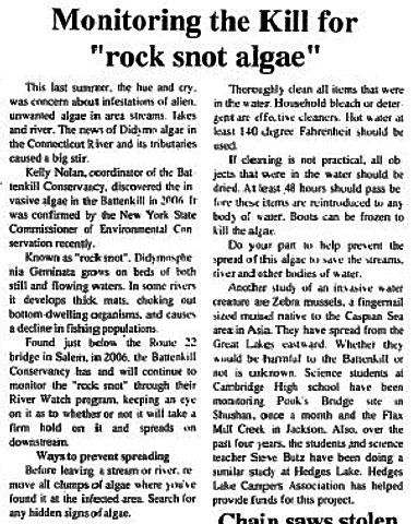 Greenwich Journal and Salem Press article about Batten Kill invasive species monitoring