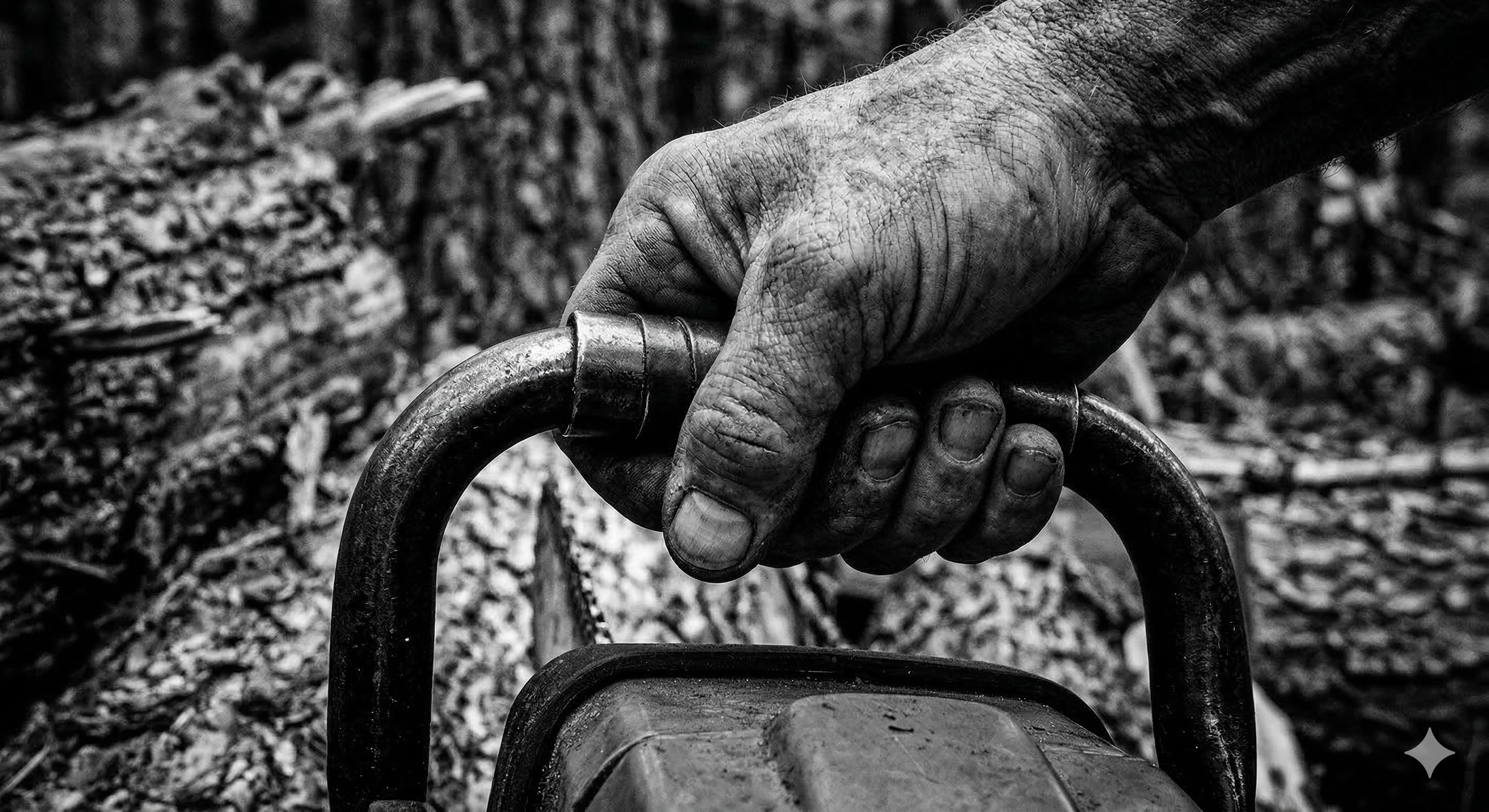 Hand on chainsaw handle
