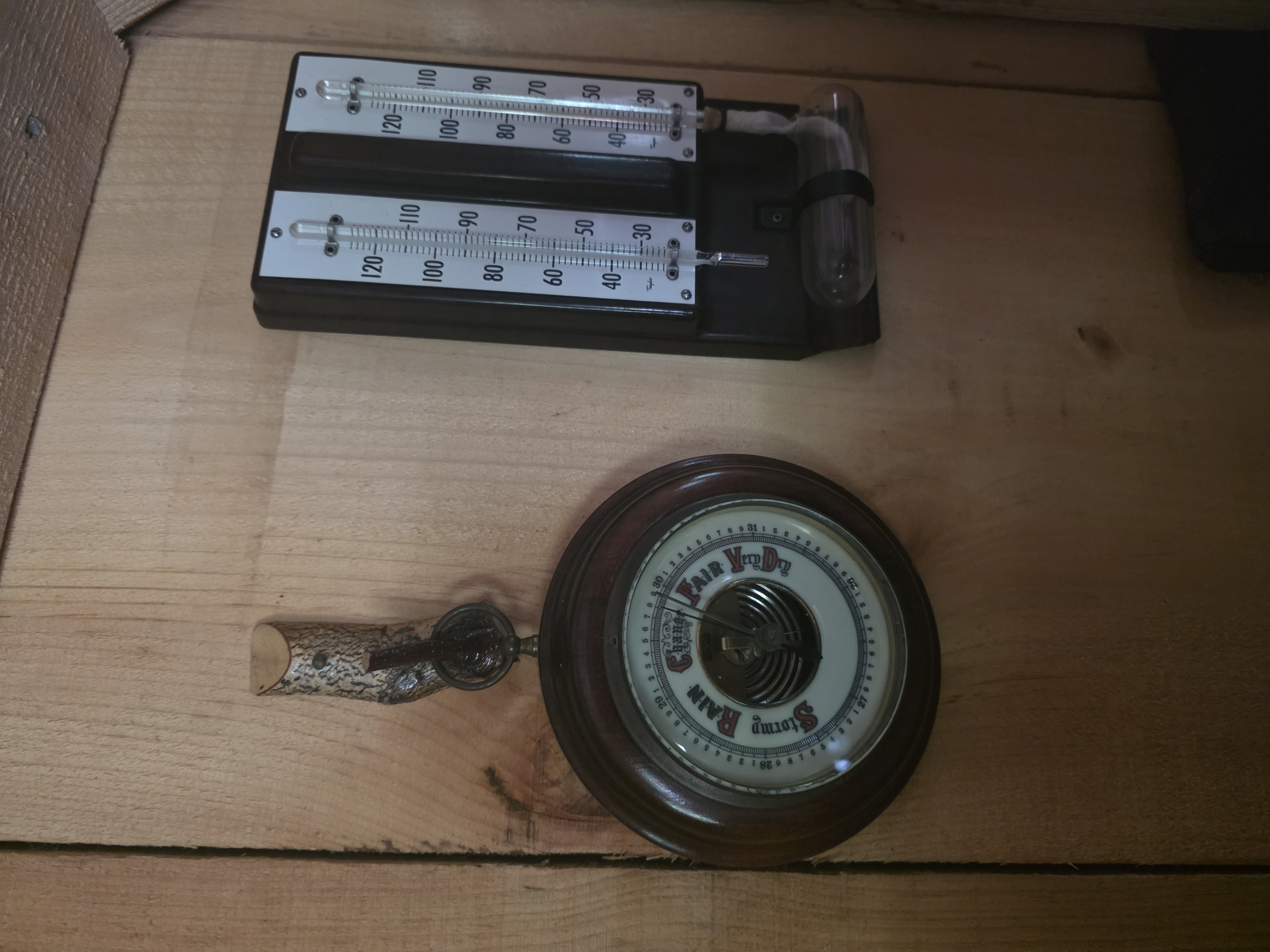 Old barometer and weather instruments mounted on wood at the Watch