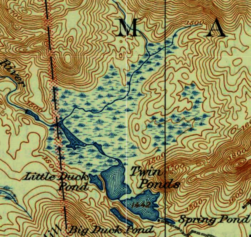 1930 USGS map showing the pre-dam Twin Ponds system