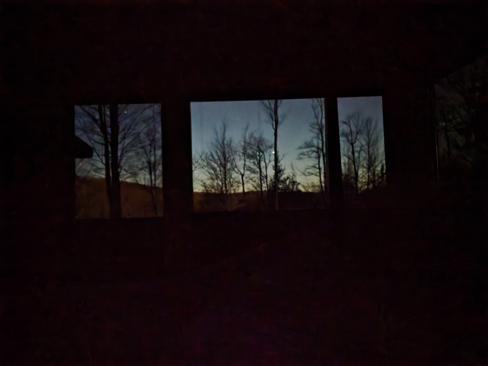 Fading evening light and bare trees visible through three west-facing windows from a dark room